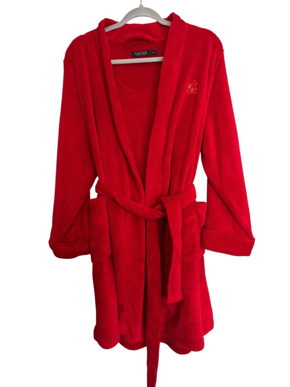 Lauren Ralph Lauren Womens Red Fleece Robe With Belt Pockets & Crest Logo XL